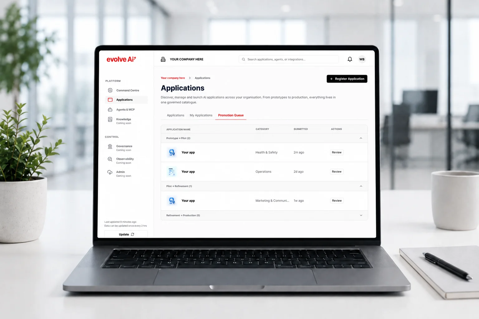 Evolve AI application dashboard — enterprise controls in action