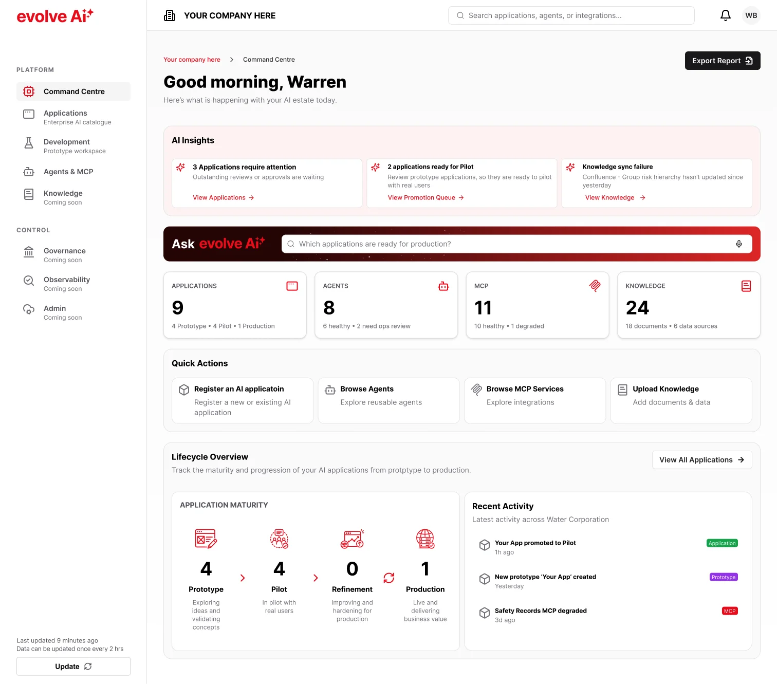 Evolve AI command centre dashboard showing application maturity and activity